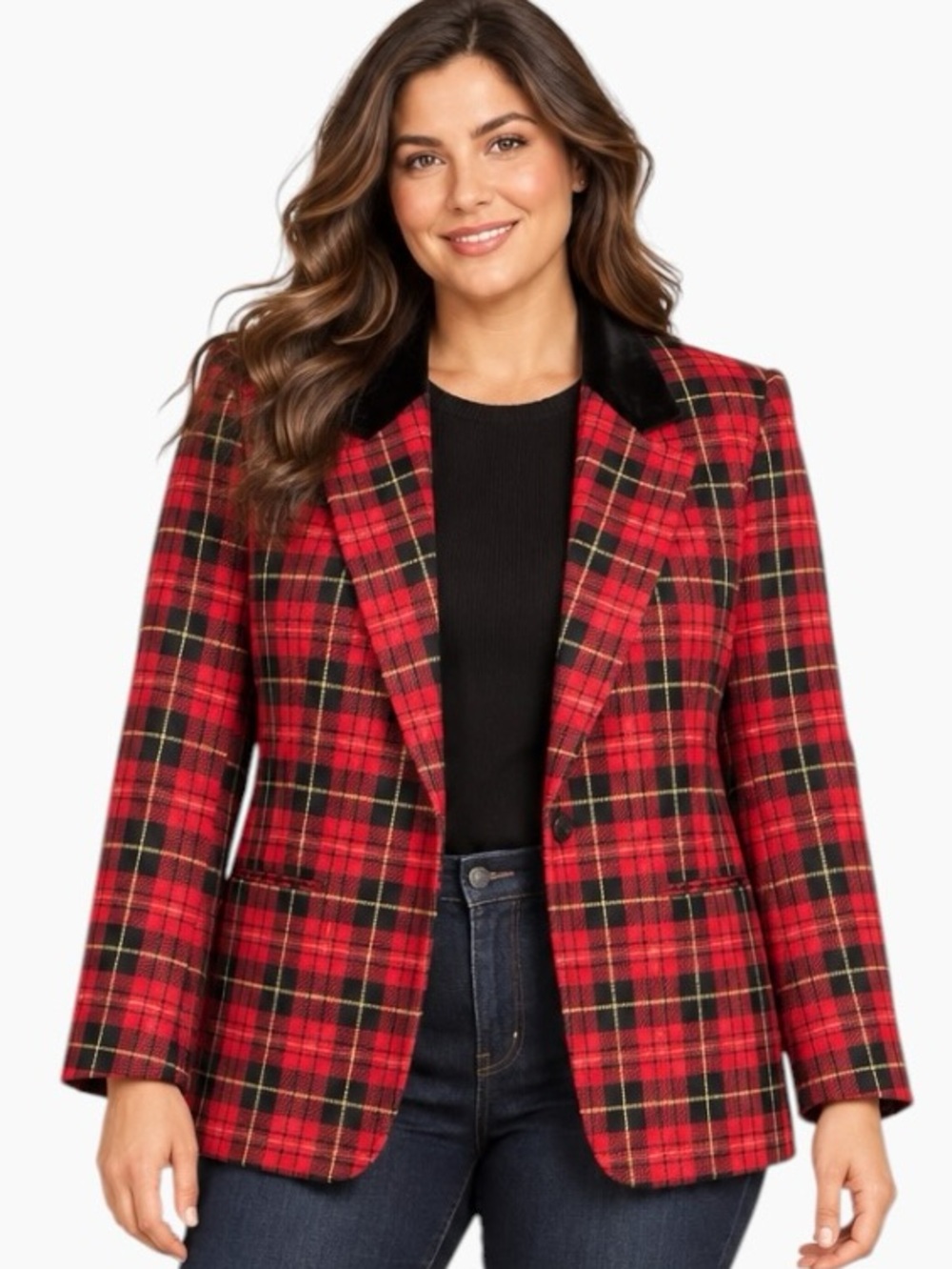 Sag Harbor Red Tartan Plaid Blazer with Black Velvet Collar Women’s Size 18